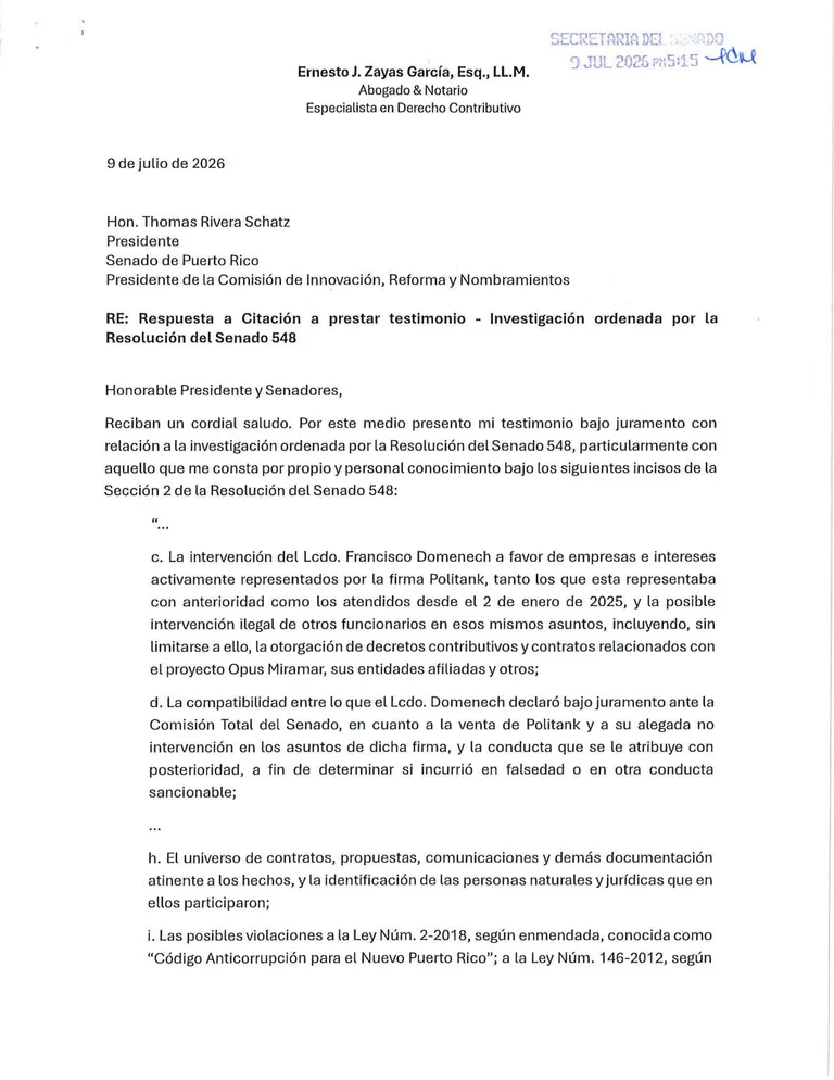 Página 1 de Declaración jurada de Ernesto J. Zayas García