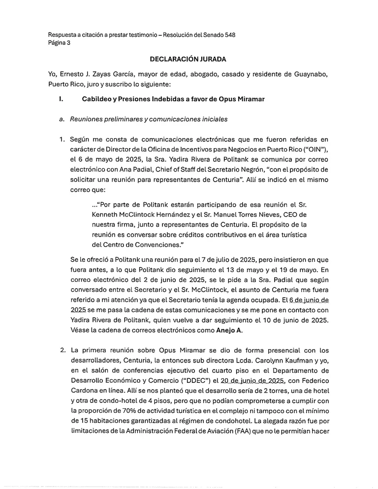Página 3 de Declaración jurada de Ernesto J. Zayas García