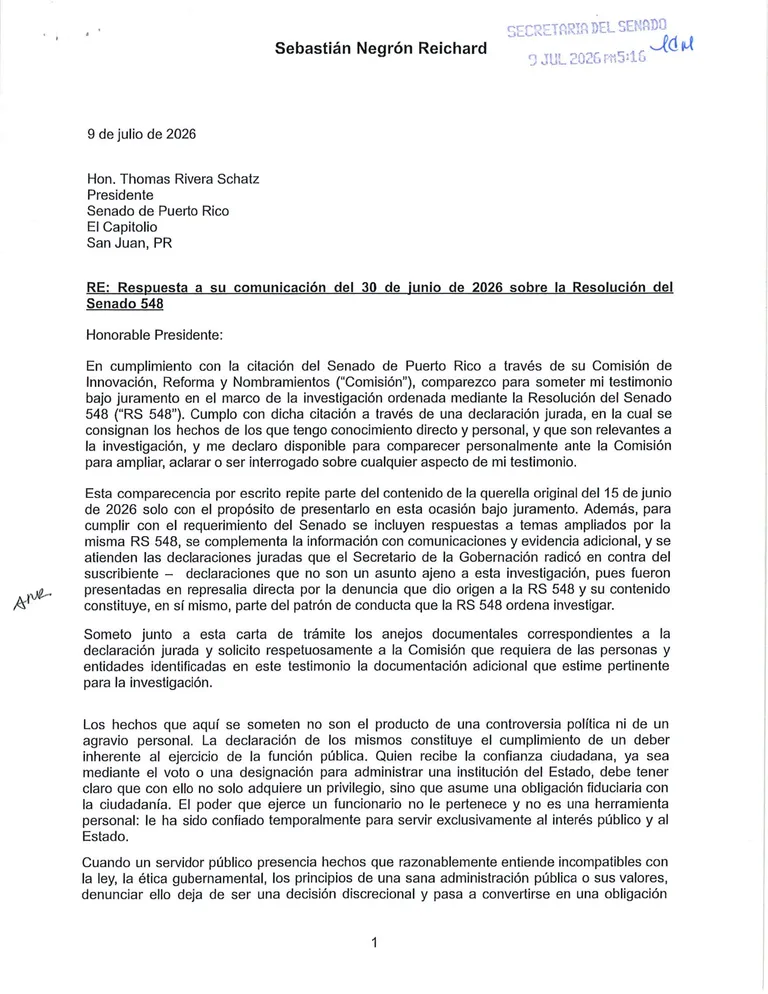 Página 1 de Declaración jurada de Sebastián Negrón