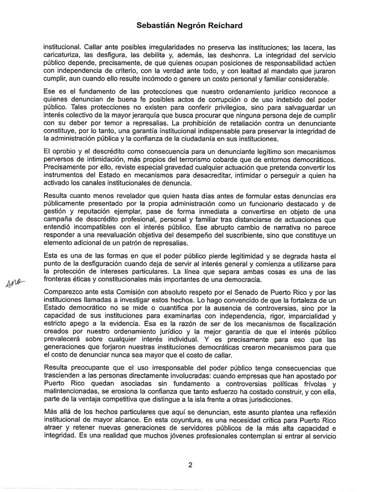 Página 2 de Declaración jurada de Sebastián Negrón