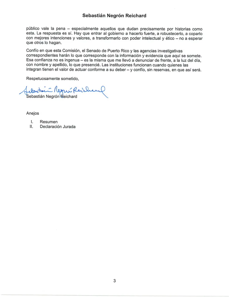 Página 3 de Declaración jurada de Sebastián Negrón