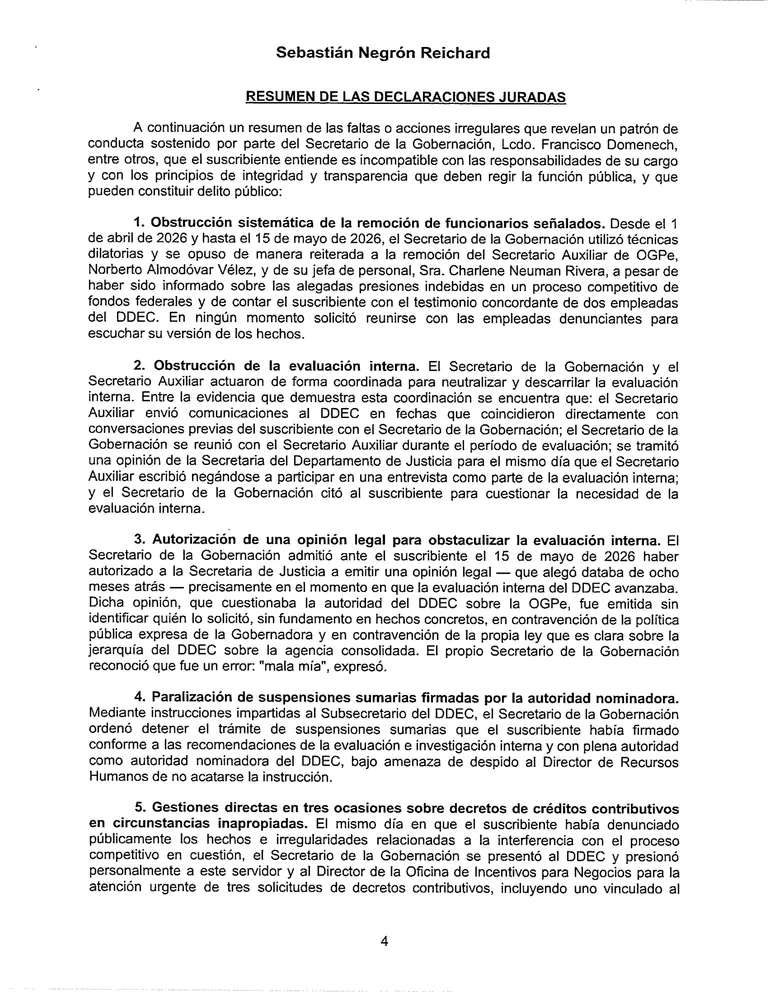 Página 4 de Declaración jurada de Sebastián Negrón