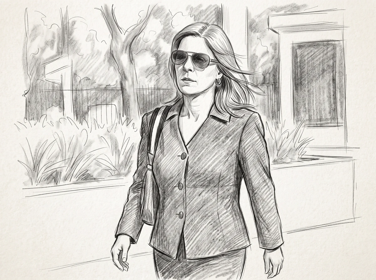Dibujo a lápiz en blanco y negro de una mujer de cabello largo y claro, con gafas de sol estilo aviador, aretes de aro y chaqueta oscura abotonada, que camina al aire libre con un bolso al hombro, frente a arbustos, un árbol y la entrada acristalada de un edificio.
